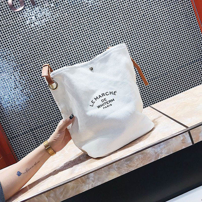 Supermarché Logo personnalisé Sac à main en coton en toile avec poignée en cuir brun