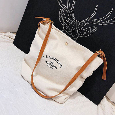 Supermarché Logo personnalisé Sac à main en coton en toile avec poignée en cuir brun