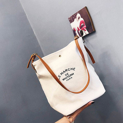 Supermarché Logo personnalisé Sac à main en coton en toile avec poignée en cuir brun