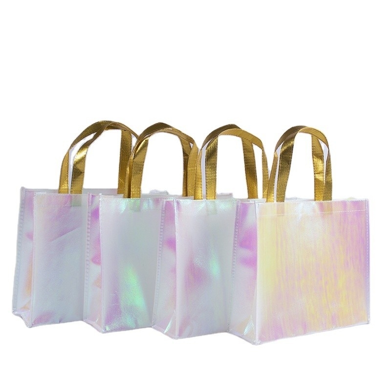 Logo personnalisé de l'exposition Sac à main rose holographique non tissé pour cadeau de mariage