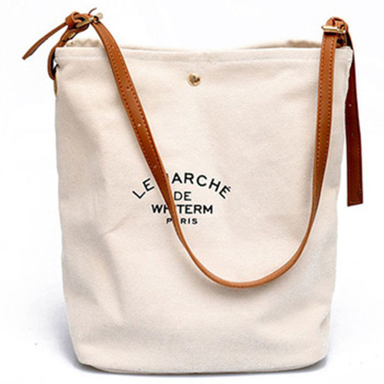 Supermarché Logo personnalisé Sac à main en coton en toile avec poignée en cuir brun